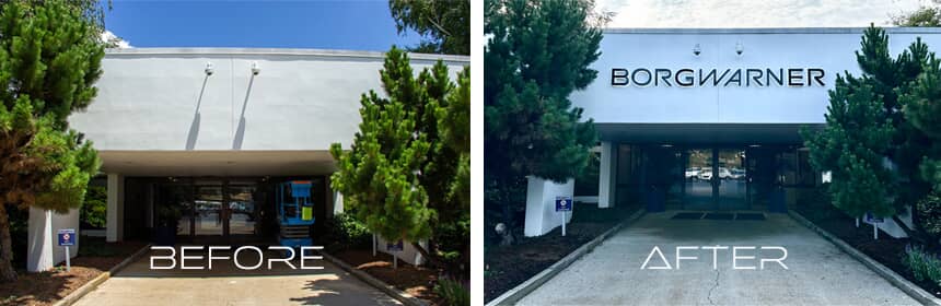 front entrance before and after a business name sign